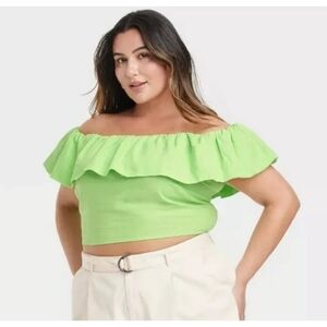 NEW A New Day Cropped Linen Blend Off Shoulder Ruffle Top